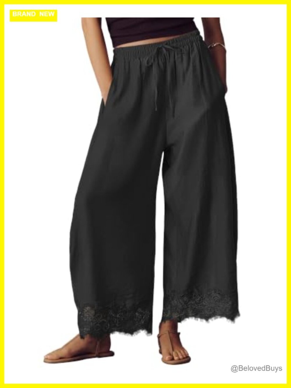 Women's Lace Hem Balloon Cropped Pants Wide Leg Pull On with Pockets